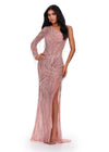 ASHLEYlauren 11516 Pink Fully Beaded One Shoulder Gown with Intricate Design, Fringe Detail, and Left Leg Slit