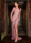 ASHLEYlauren 11516 Pink Fully Beaded One Shoulder Gown with Intricate Design, Fringe Detail, and Left Leg Slit