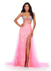 ASHLEYlauren 11517 Candy Pink Lace Applique Gown with Beaded Corset Bustier, Left Leg Slit, and Tulle Overskirt