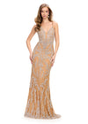 ASHLEYlauren 11519 Silver Spaghetti Strap Gown with Unique Beaded Design, Mesh Plunging V-Neckline, and Curve-Accentuating Fit