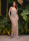 ASHLEYlauren 11519 Silver Spaghetti Strap Gown with Unique Beaded Design, Mesh Plunging V-Neckline, and Curve-Accentuating Fit