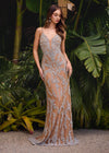 ASHLEYlauren 11519 Silver Spaghetti Strap Gown with Unique Beaded Design, Mesh Plunging V-Neckline, and Curve-Accentuating Fit
