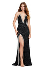 ASHLEYlauren 11521 Black Fully Beaded Strapless Gown with Illusion V-Neckline, Deep V Front, and Left Leg Slit