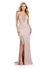 ASHLEYlauren 11521 Gold Fully Beaded Strapless Gown with Illusion V-Neckline, Deep V Front, and Left Leg Slit