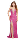ASHLEYlauren 11521 Hot Pink Fully Beaded Strapless Gown with Illusion V-Neckline, Deep V Front, and Left Leg Slit