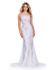 ASHLEYlauren 11525 One Shoulder Fitted Jersey Gown with Delicate Multi-Coloured Floral Heat Set Stones Cascading Down Skirt and Sweep Train