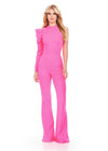 ASHLEYlauren 11531 Pink Scuba Jumpsuit with High Neckline, One Shoulder Design, and Exaggerated Puff Sleeve
