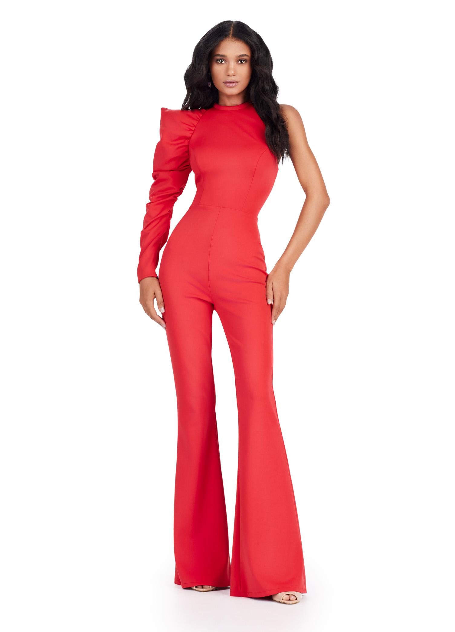 ASHLEYlauren 11531 Red Scuba Jumpsuit with High Neckline, One Shoulder Design, and Exaggerated Puff Sleeve