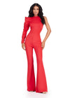 ASHLEYlauren 11531 Red Scuba Jumpsuit with High Neckline, One Shoulder Design, and Exaggerated Puff Sleeve