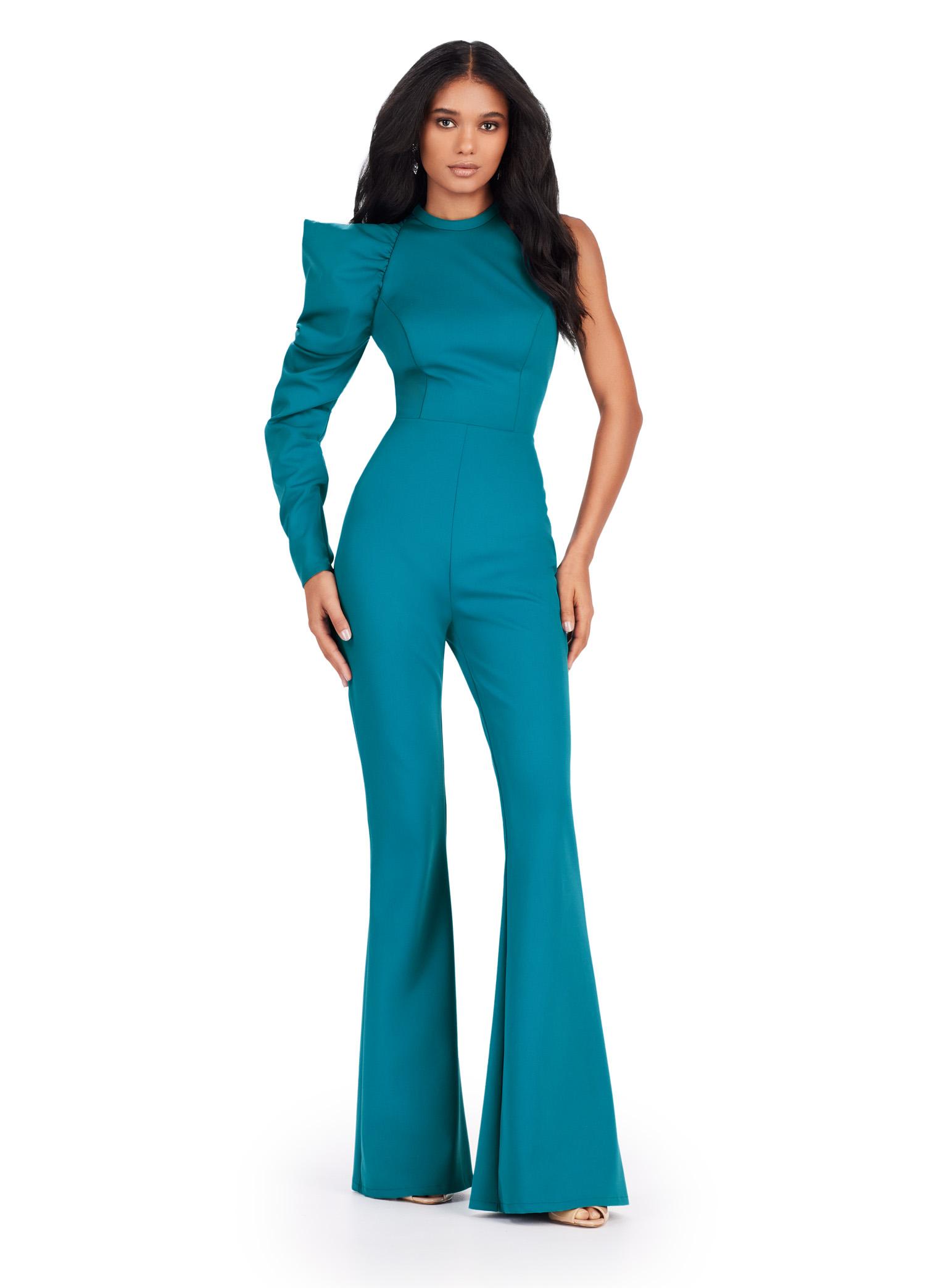 ASHLEYlauren 11531 Teal Scuba Jumpsuit with High Neckline, One Shoulder Design, and Exaggerated Puff Sleeve