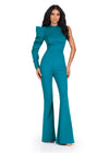 ASHLEYlauren 11531 Teal Scuba Jumpsuit with High Neckline, One Shoulder Design, and Exaggerated Puff Sleeve