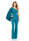 ASHLEYlauren 11534 Teal Scuba Jumpsuit with One Shoulder Design, Cascading Ruffle Cape Sleeve, and Dramatic Fit