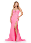 ASHLEYlauren 11538 Candy Pink Jersey Gown with Beaded Spaghetti Straps, Corset Bustier, Ruched Hip Detail, and Left Leg Slit