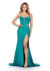 ASHLEYlauren 11538 Jade Jersey Gown with Beaded Spaghetti Straps, Corset Bustier, Ruched Hip Detail, and Left Leg Slit