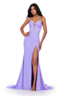 ASHLEYlauren 11538 Lilac Jersey Gown with Beaded Spaghetti Straps, Corset Bustier, Ruched Hip Detail, and Left Leg Slit