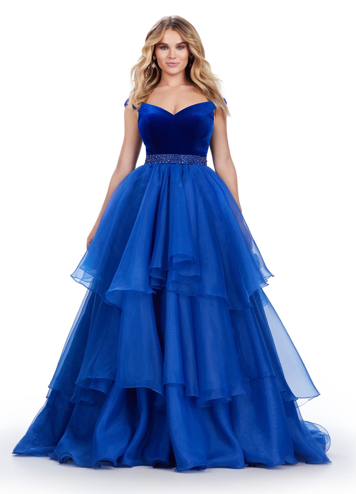 ASHLEYlauren 11563 Off Shoulder Velvet Bustier Ball Gown with Beaded Crystal Waistline and Organza Ruffle Skirt