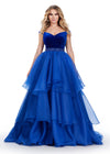 ASHLEYlauren 11563 Off Shoulder Velvet Bustier Ball Gown with Beaded Crystal Waistline and Organza Ruffle Skirt