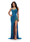 ASHLEYlauren 11590 Peacock One Shoulder Fully Beaded Gown with Sweetheart Neckline, Beaded Fringe Detail, and Left Leg Slit