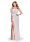 ASHLEYlauren 11598 Ivory Fully Beaded Gown with Pearl and Crystal Encrusted Bustier, Off Shoulder Design, and Beaded Choker