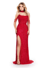 ASHLEYlauren 11598 Red Fully Beaded Gown with Pearl and Crystal Encrusted Bustier, Off Shoulder Design, and Beaded Choker