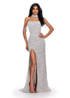 ASHLEYlauren 11598 Silver Fully Beaded Gown with Pearl and Crystal Encrusted Bustier, Off Shoulder Design, and Beaded Choker