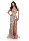 ASHLEYlauren 11599 Nude Fully Beaded Strapless Mirror Dress with Exposed Corset Boning, Left Leg Slit, and Sweep Train