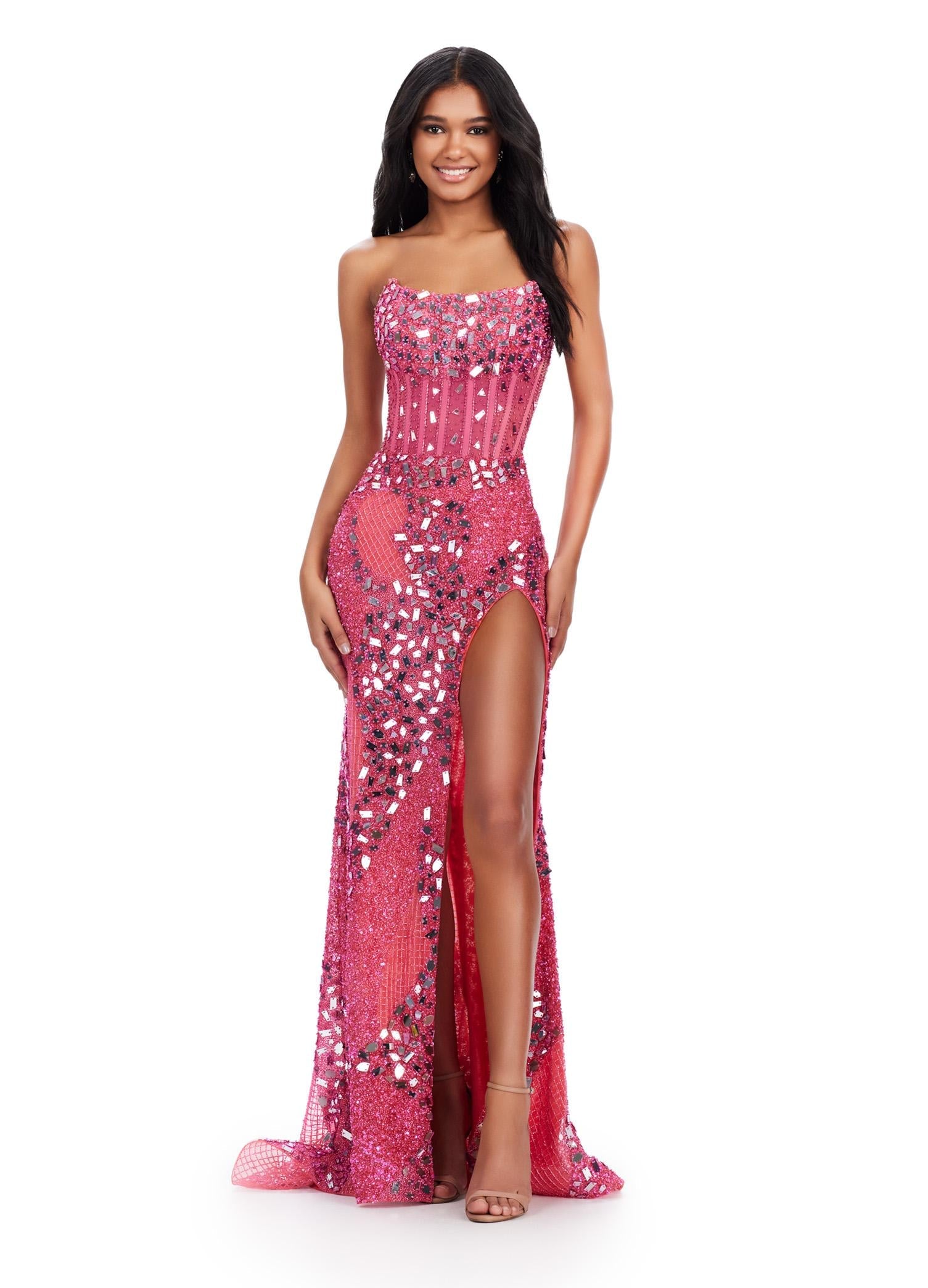ASHLEYlauren 11599 Pink Fully Beaded Strapless Mirror Dress with Exposed Corset Boning, Left Leg Slit, and Sweep Train