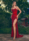 ASHLEYlauren 11599 Red Fully Beaded Strapless Mirror Dress with Exposed Corset Boning, Left Leg Slit, and Sweep Train