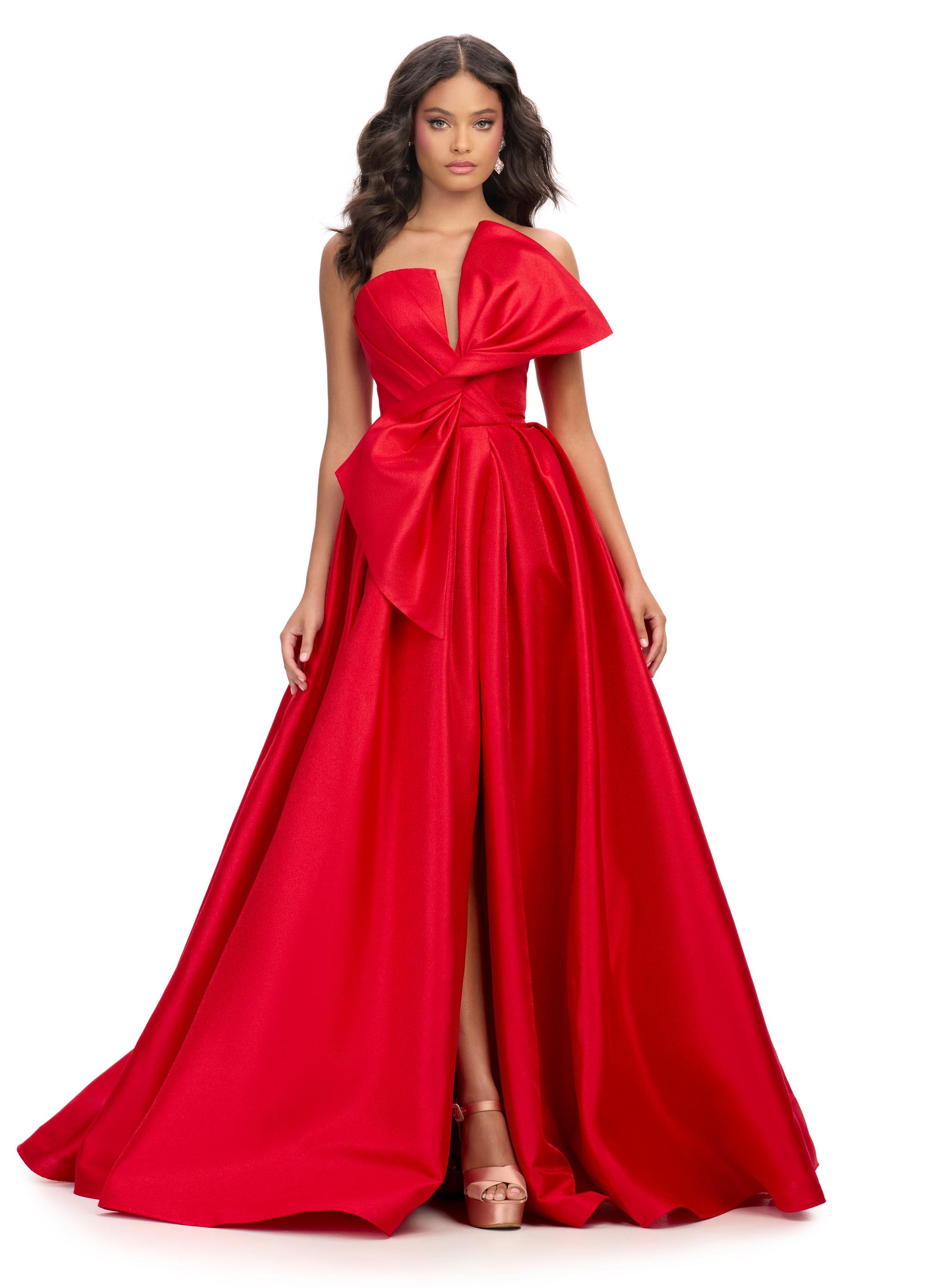 ASHLEYlauren 11609 Red Strapless Mikado Ball Gown with Illusion V-Neckline, Oversized Asymmetrical Bow, and A-Line Wrap Skirt