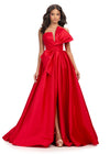 ASHLEYlauren 11609 Red Strapless Mikado Ball Gown with Illusion V-Neckline, Oversized Asymmetrical Bow, and A-Line Wrap Skirt