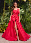 ASHLEYlauren 11609 Red Strapless Mikado Ball Gown with Illusion V-Neckline, Oversized Asymmetrical Bow, and A-Line Wrap Skirt