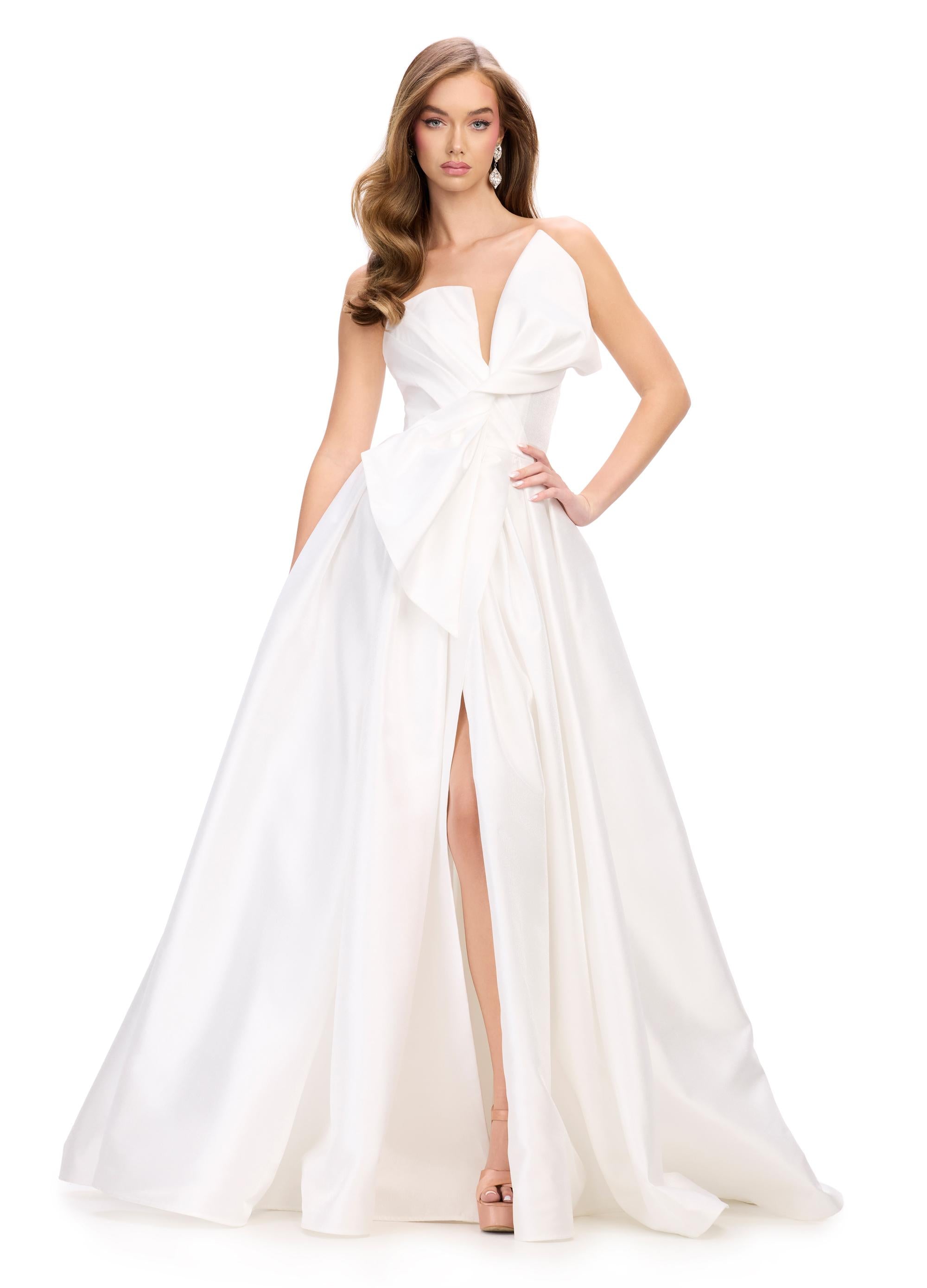 ASHLEYlauren 11609 White Strapless Mikado Ball Gown with Illusion V-Neckline, Oversized Asymmetrical Bow, and A-Line Wrap Skirt