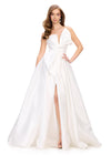 ASHLEYlauren 11609 White Strapless Mikado Ball Gown with Illusion V-Neckline, Oversized Asymmetrical Bow, and A-Line Wrap Skirt
