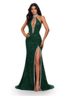 ASHLEYlauren 11634 Emerald Fully Beaded Halter Gown with Keyhole Cut Out, Crystal Trimmed Neckline and Slit, and Left Leg Slit