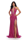 ASHLEYlauren 11634 Fuchsia Fully Beaded Halter Gown with Keyhole Cut Out, Crystal Trimmed Neckline and Slit, and Left Leg Slit