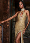 ASHLEYlauren 11634 Gold Fully Beaded Halter Gown with Keyhole Cut Out, Crystal Trimmed Neckline and Slit, and Left Leg Slit