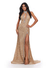 ASHLEYlauren 11634 Gold Fully Beaded Halter Gown with Keyhole Cut Out, Crystal Trimmed Neckline and Slit, and Left Leg Slit