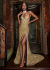 ASHLEYlauren 11634 Gold Fully Beaded Halter Gown with Keyhole Cut Out, Crystal Trimmed Neckline and Slit, and Left Leg Slit