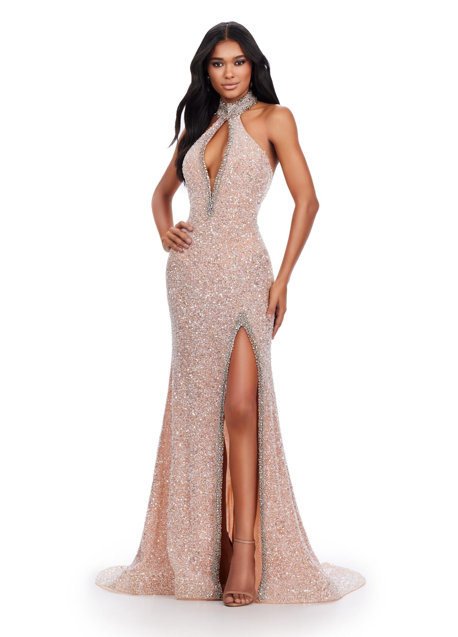 ASHLEYlauren 11634 Nude Fully Beaded Halter Gown with Keyhole Cut Out, Crystal Trimmed Neckline and Slit, and Left Leg Slit