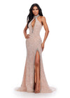 ASHLEYlauren 11634 Nude Fully Beaded Halter Gown with Keyhole Cut Out, Crystal Trimmed Neckline and Slit, and Left Leg Slit
