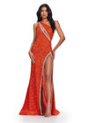 ASHLEYlauren 11635 One Shoulder Fully Beaded Gown in Orange with Crystal Trimmed Asymmetric Cut Out, Open Back, and Left Leg Slit