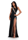 ASHLEYlauren 11635 One Shoulder Fully Beaded Gown in Black with Crystal Trimmed Asymmetric Cut Out, Open Back, and Left Leg Slit