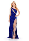 ASHLEYlauren 11635 One Shoulder Fully Beaded Gown in Royal with Crystal Trimmed Asymmetric Cut Out, Open Back, and Left Leg Slit