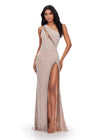 ASHLEYlauren 11635 One Shoulder Fully Beaded Gown in Silver with Crystal Trimmed Asymmetric Cut Out, Open Back, and Left Leg Slit