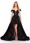 ASHLEYlauren 11641 Black Off Shoulder Satin Gown with Illusion V-Neckline, Corset Style Bodice, High-Low Bubble Hem Skirt