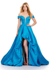 ASHLEYlauren 11641 Peacock Off Shoulder Satin Gown with Illusion V-Neckline, Corset Style Bodice, High-Low Bubble Hem Skirt