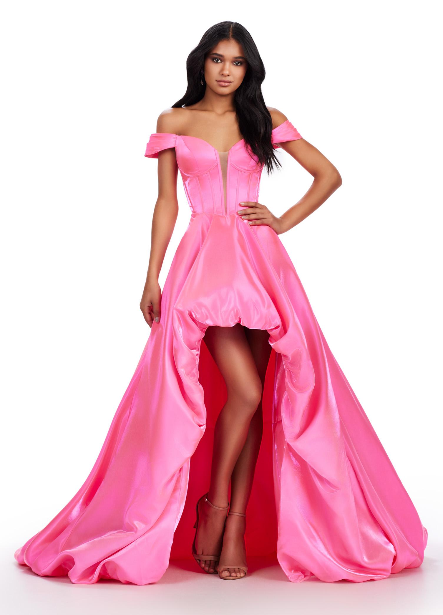 ASHLEYlauren 11641 Pink Off Shoulder Satin Gown with Illusion V-Neckline, Corset Style Bodice, High-Low Bubble Hem Skirt