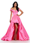 ASHLEYlauren 11641 Pink Off Shoulder Satin Gown with Illusion V-Neckline, Corset Style Bodice, High-Low Bubble Hem Skirt