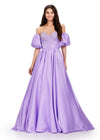 ASHLEYlauren 11642 Strapless Satin Ball Gown in Orchid with Sweetheart Neckline, Beaded Corset Bustier, Detachable Puff Sleeves, and Lace Up Back