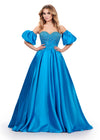 ASHLEYlauren 11642 Strapless Satin Ball Gown in Peacock with Sweetheart Neckline, Beaded Corset Bustier, Detachable Puff Sleeves, and Lace Up Back